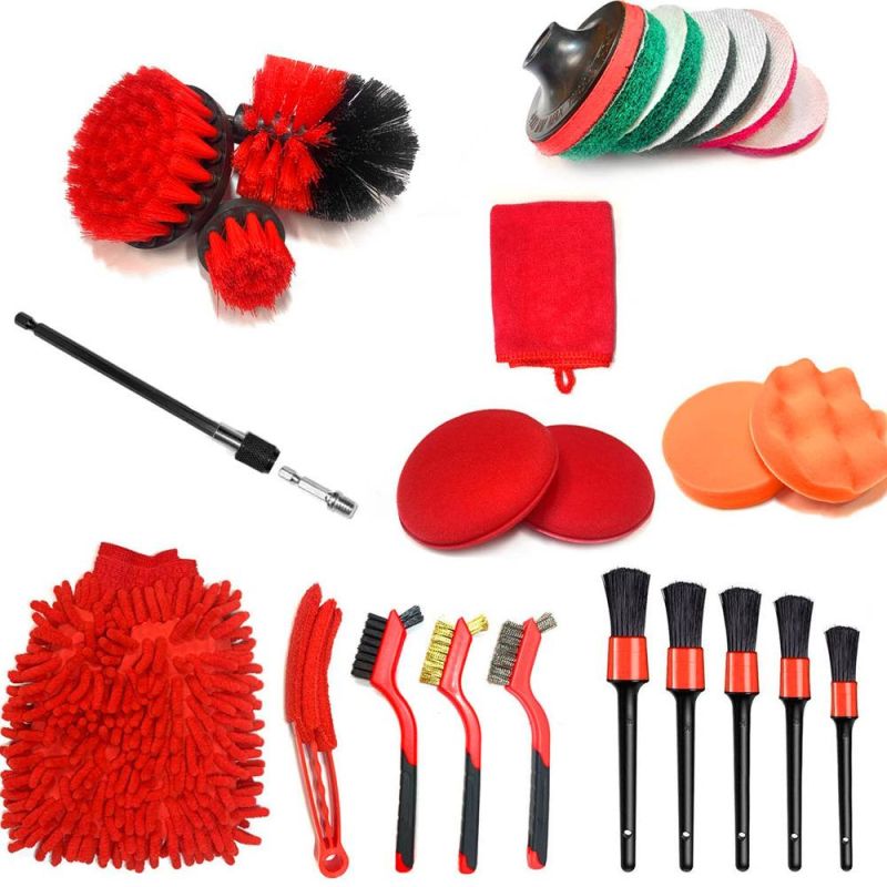 Cross-Border Supply Cleaning Brush Car Beauty Cleaning 26-Piece Detail Brush Red Kitchen Stain Removal Electric Drill Brush Head