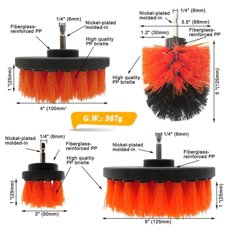 Electric Cleaning Brush 4-Piece Orange Kitchen Cleaning Brush Car Beauty 2/3.5/4/5 Inch