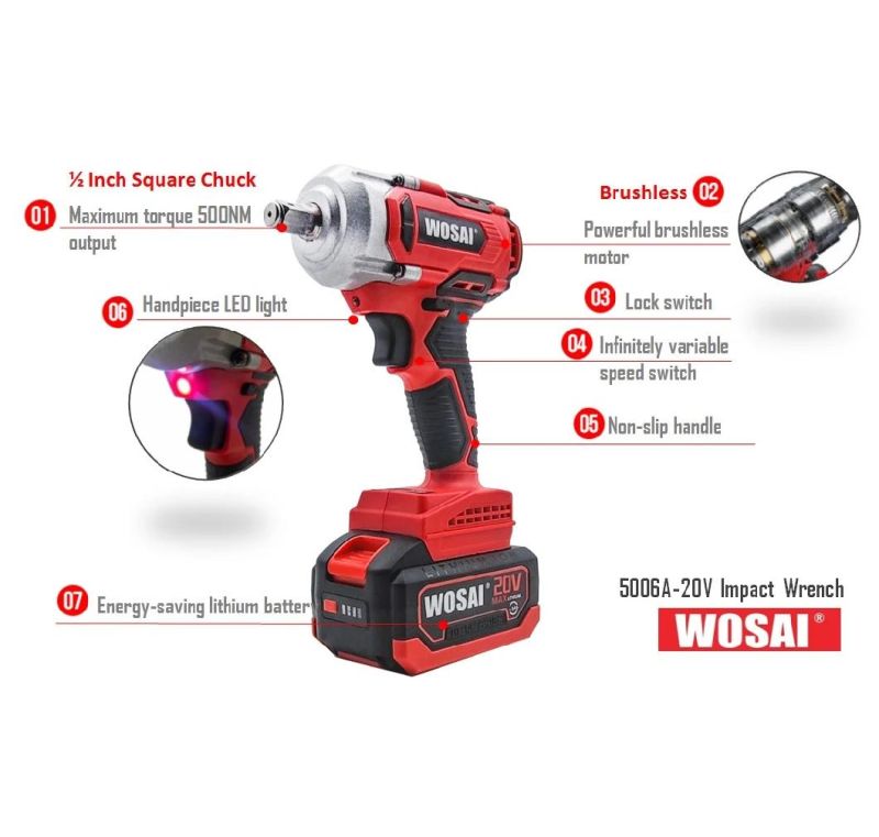 Brushless Wosai Impact Wrench 20V Battery Power Tools 1/2" High Torque Adjustable Impact Wrench