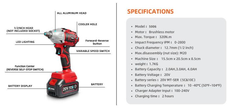 Safe 18V 20V Lithium Cordless Impact Wrench with Brushless Motor Impact Wrench