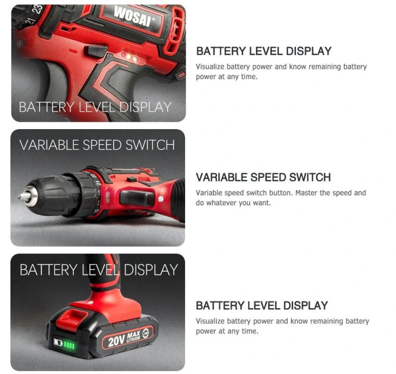 12V Wosai Cordless Teh-Electrics Drill Combined Wireless Electric Screw Driver Power Drill Set