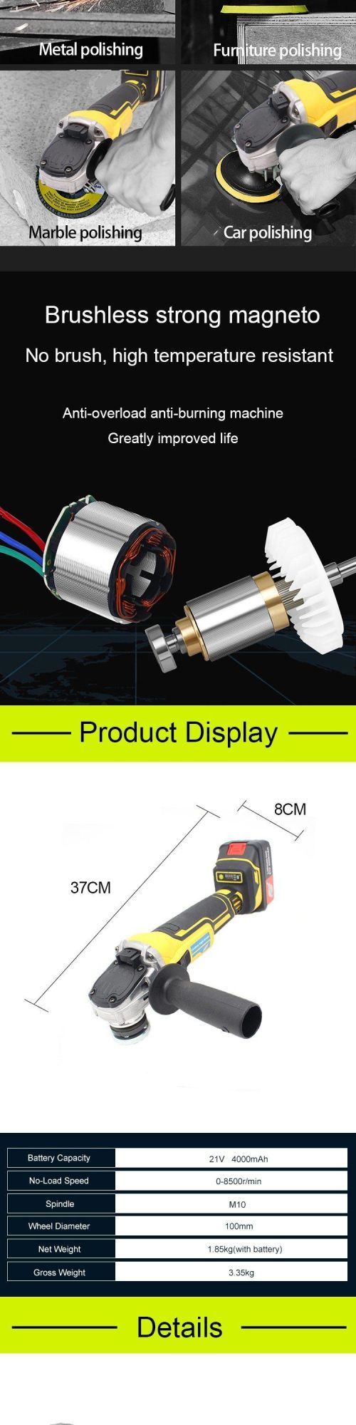 Cordless Angle Grinder with Battery Charger Wheel Guard Spanner