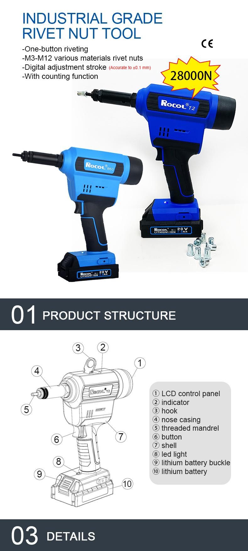 DC Brushless Motor 20V Battery Hand Rivet Nut Tool