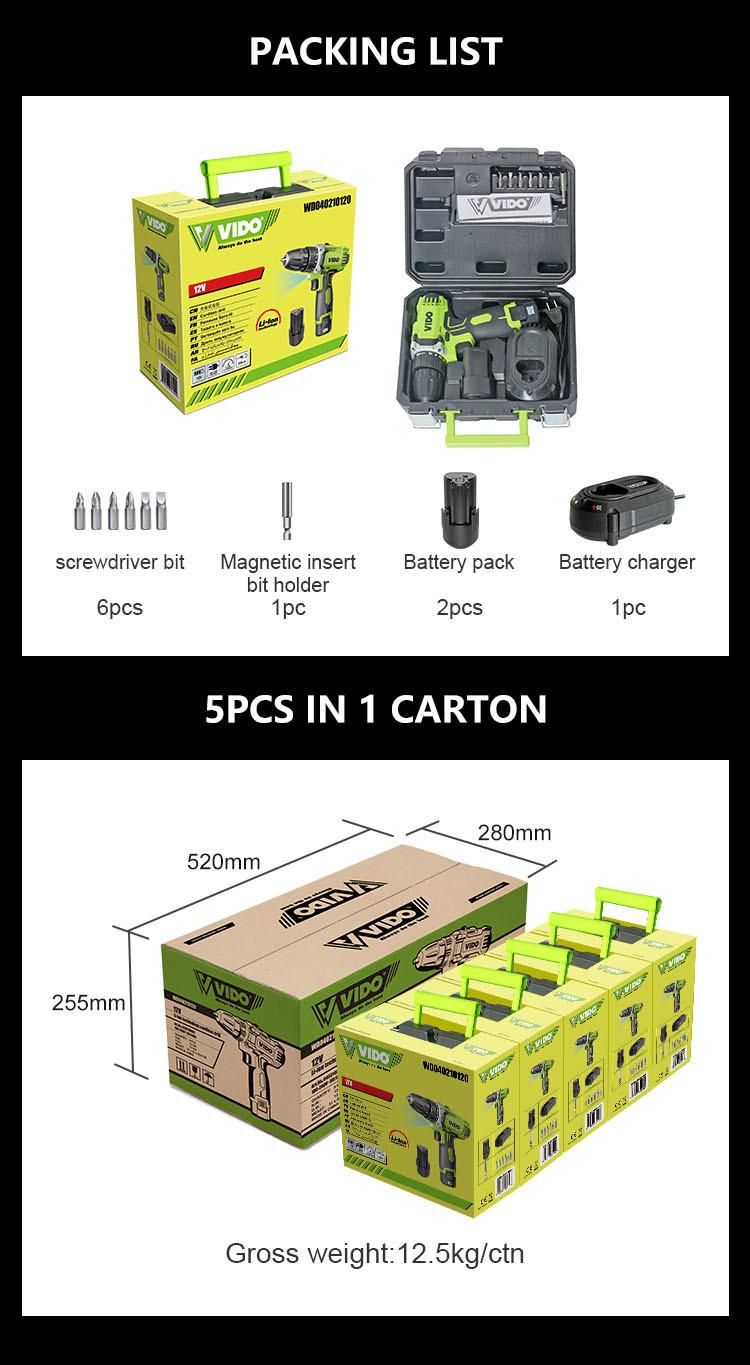 Building and Industrial Vido Portable Electric Lithium Cordless Drill Wd040210120