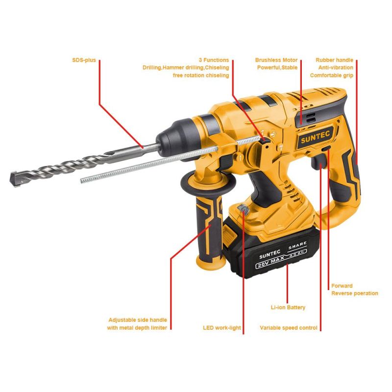 20V Industrial Lithium Brushless Rotary Hammer 2.0ah Battery 4 Modes Type Power Tools