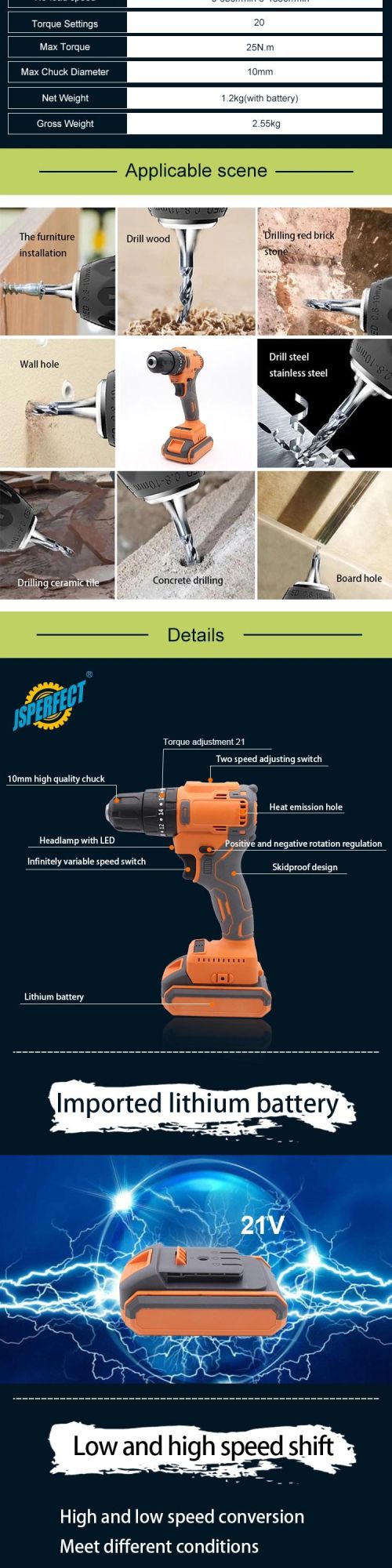 Jsperfect Professional 21V Recharchable Battery Impact Cordless Drill