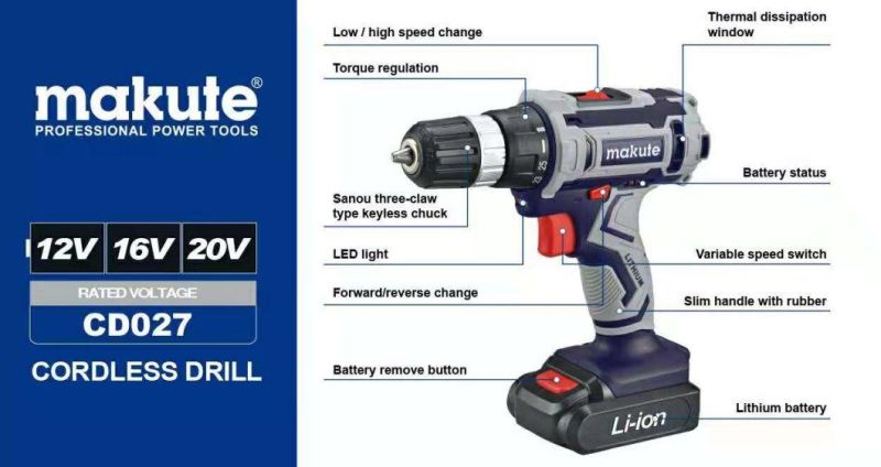 Makute 30n. M Professional Cordless Drill with Impact Function 20V Li-ion