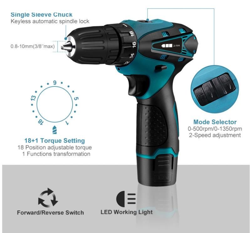 China Factory High Quality Construction Tool 14PCS 12V Lithium Battery Two Speed Cordless Drill Electric Tool Power Tool