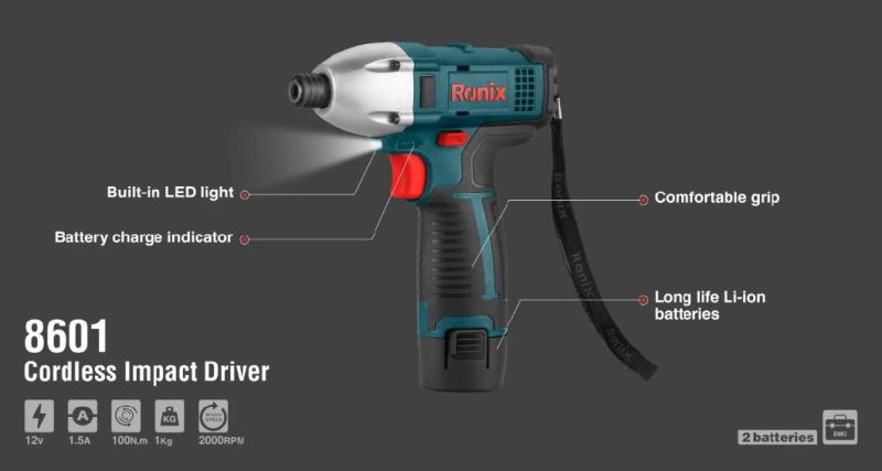 Ronix 12V Model 8601 2 Speed 1.5A Waterproof Cordless Impact Wrench Driver Drill