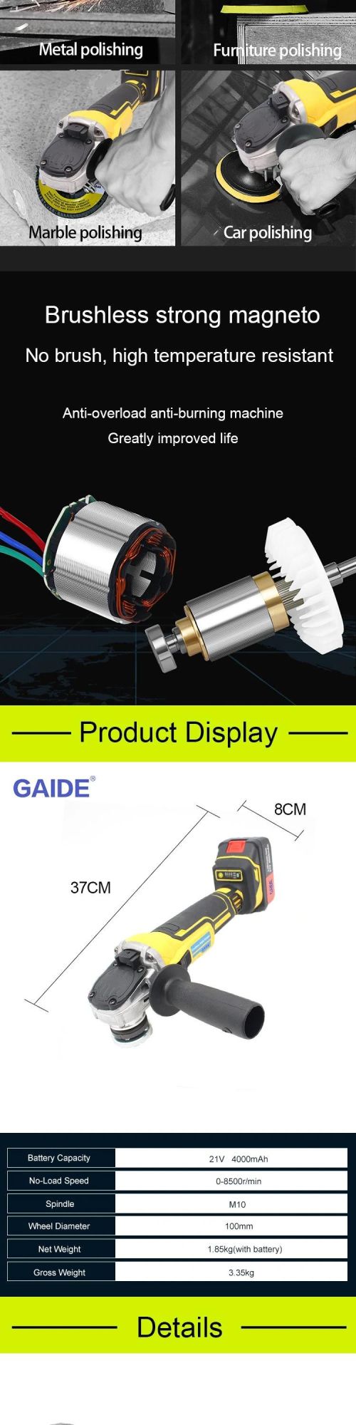 Gaide Brushless Angle Grinder Mini Cordless Electric Angle