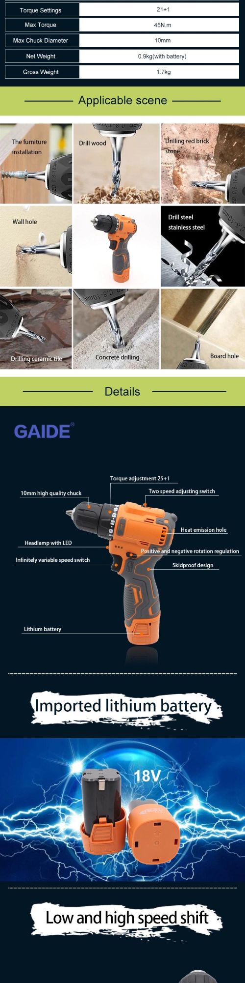 Gaide New Design Hot Selling Screw Electric Cordless Driver Drill