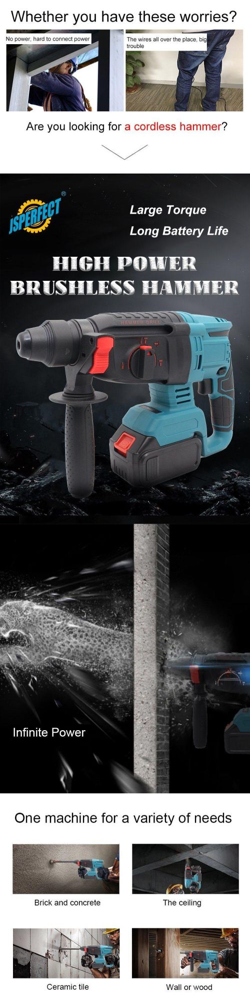 New Design SDS-Plus Cordless Brushless Rotary Hammer Drill Machine 26mm