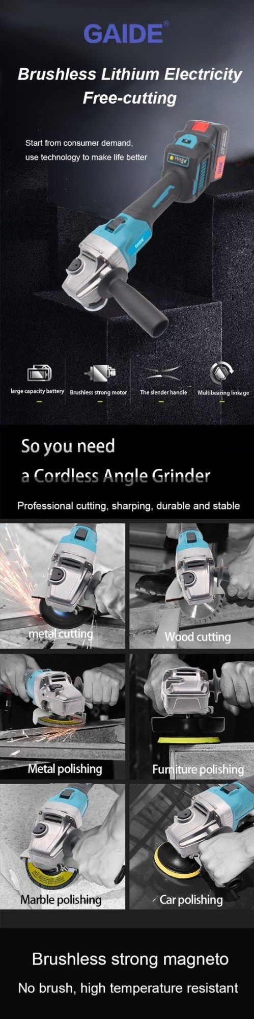 Cordless Angle Grinder with Battery Charger Wheel Guard Spanner