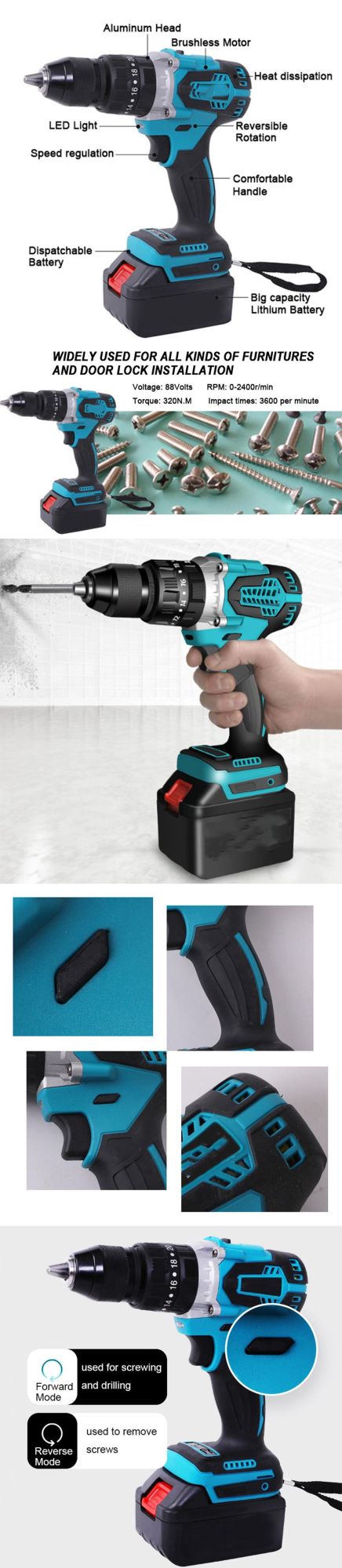 DIY Power Tool Compact Cordless Drill Electric Screwdriver Rechargeable Driver DC Lithium-Ion Battery Charged Power Tools Drill Hammer Torque Wrench Drill