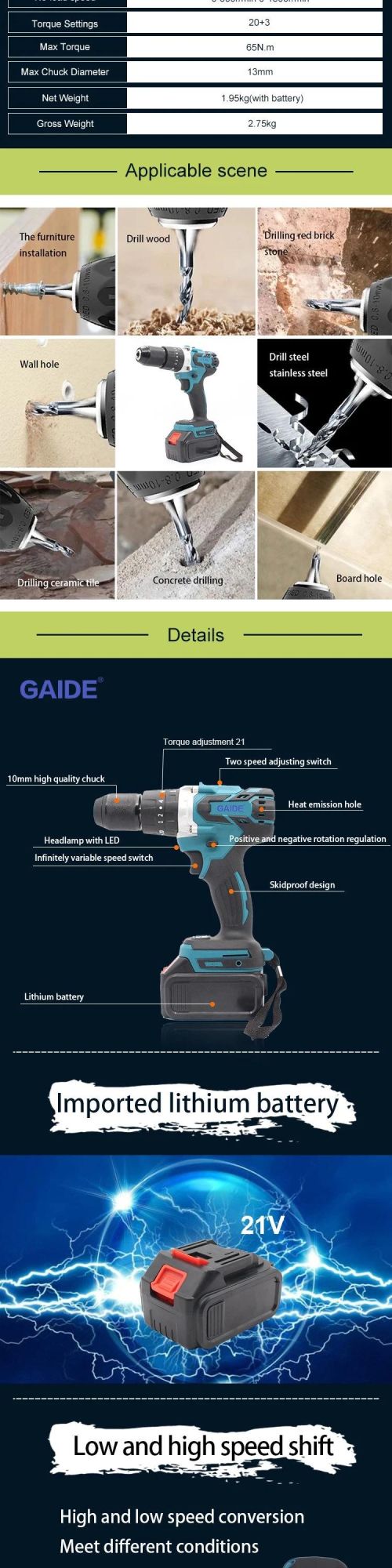 Gaide Rechargeable Lithium Battery Electric Cordless Impact Drill with Hammer Function