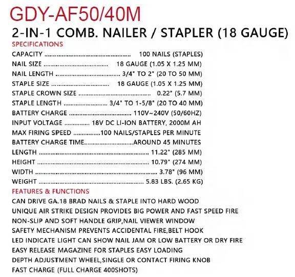 OEM China Good Supplier 18V Battery Cordless F50 Nailer and 9040 Stapler 2 in 1 Gdy-Af5040m