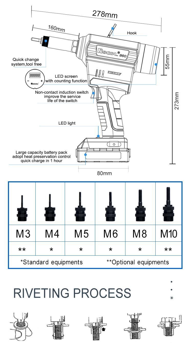 Capacity M3-M10 All Material Rivet Nuts Lithium Battery Rivet Tool