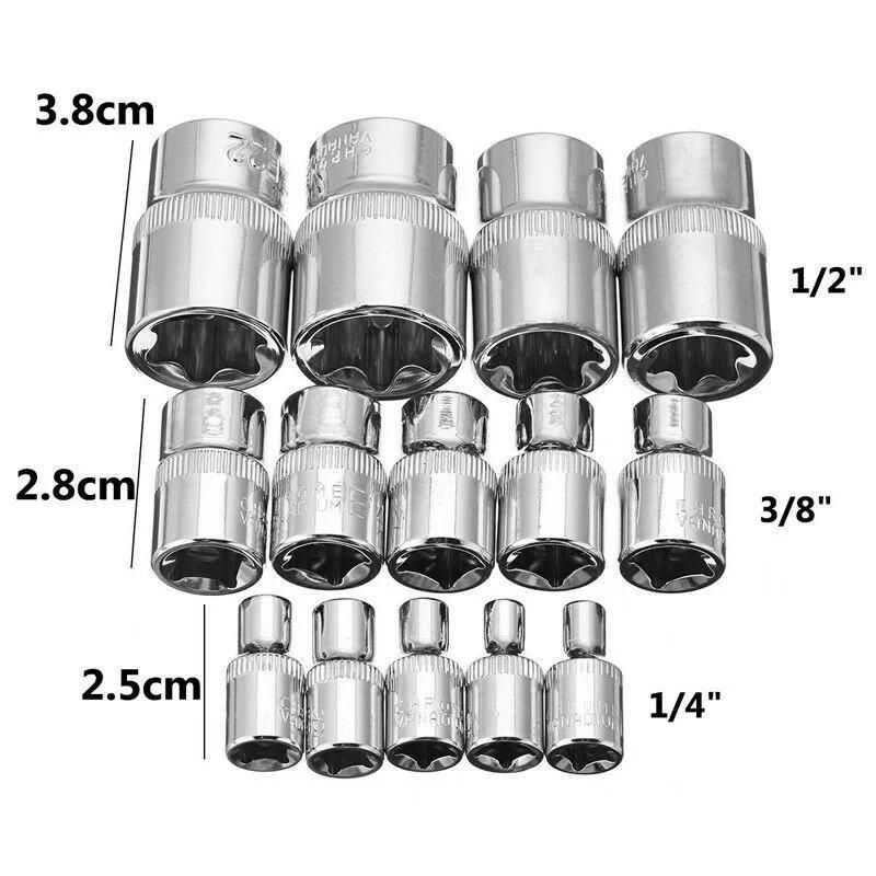 14PCS 1/4′′ 3/8′′ 1/2′′ Driver E Torx Star Bit Chrome Socket Kit Tool Set + Box
