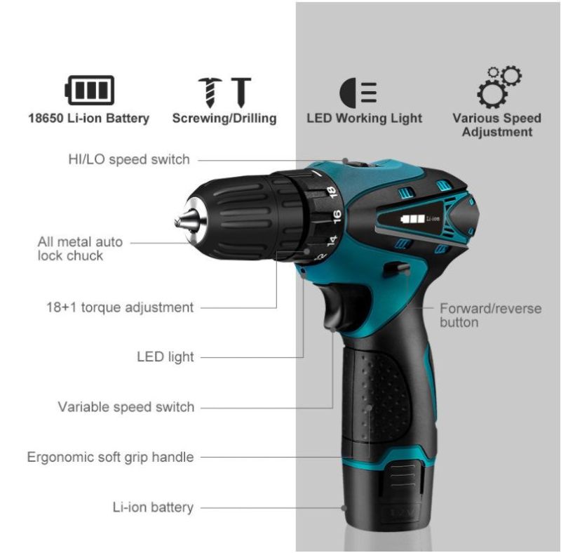 China Factory High Quality Construction Tool 14PCS 12V Lithium Battery Two Speed Cordless Drill Electric Tool Power Tool