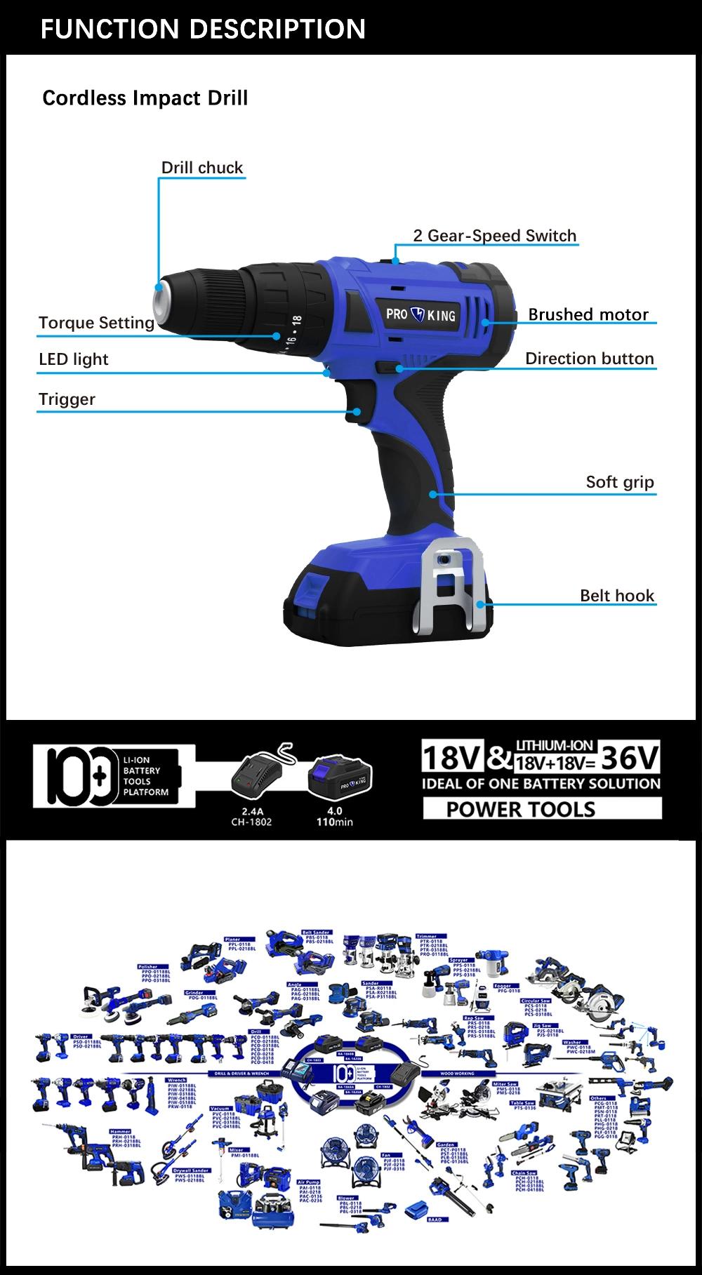 Cordless Impact Drill Brushed Motor 45nm