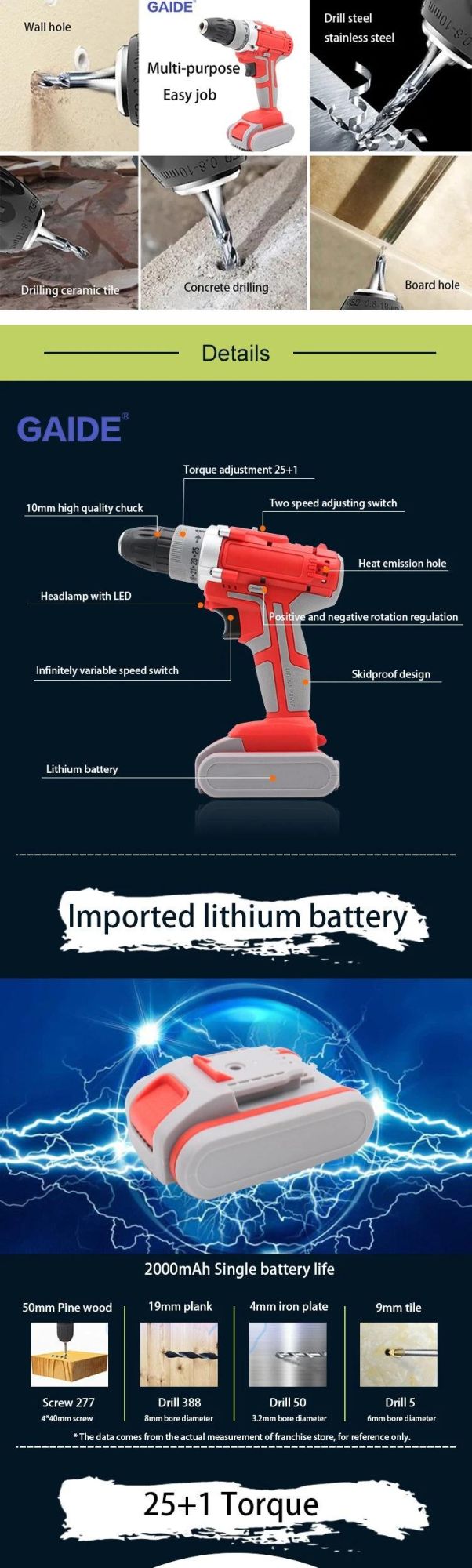 Gaide 21V Hand Cordless Drill Battery Set OEM Prirce