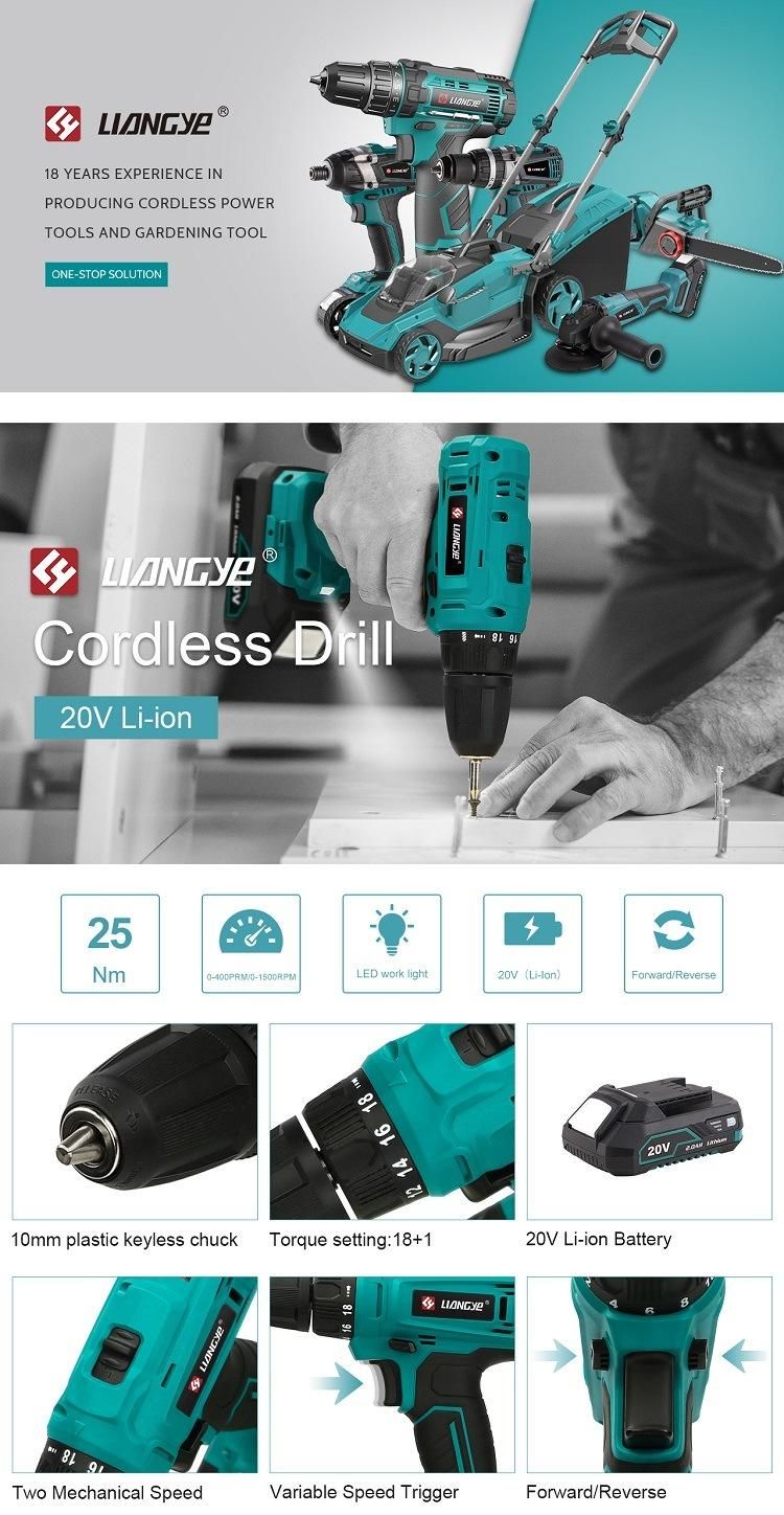 Electric Power Tool Factory Liangye 18V Cordless Battery Operated Drill Driver