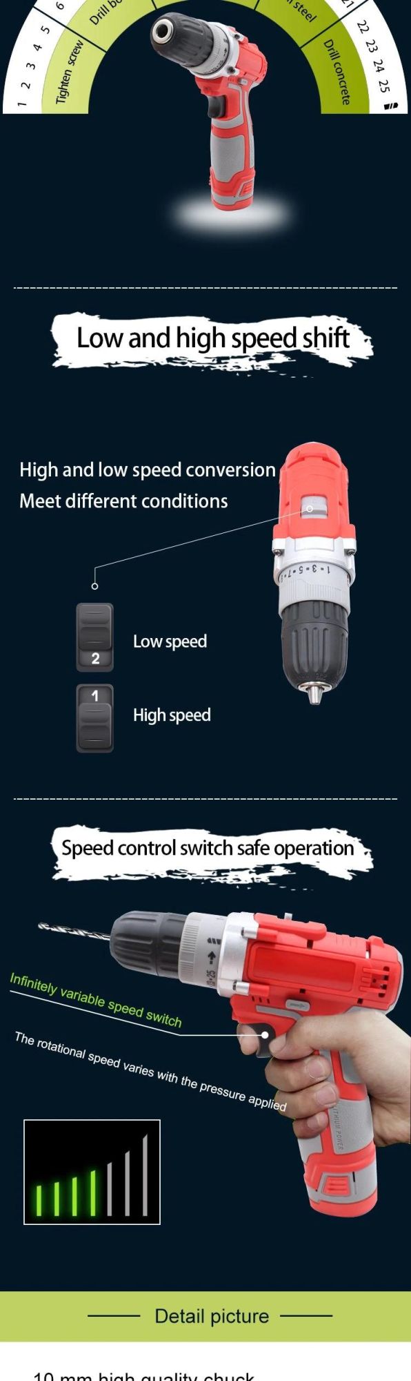 Cordless Drill 10mm 12V Screwdriver Mkt Design 3/8′′ Lithium Battery