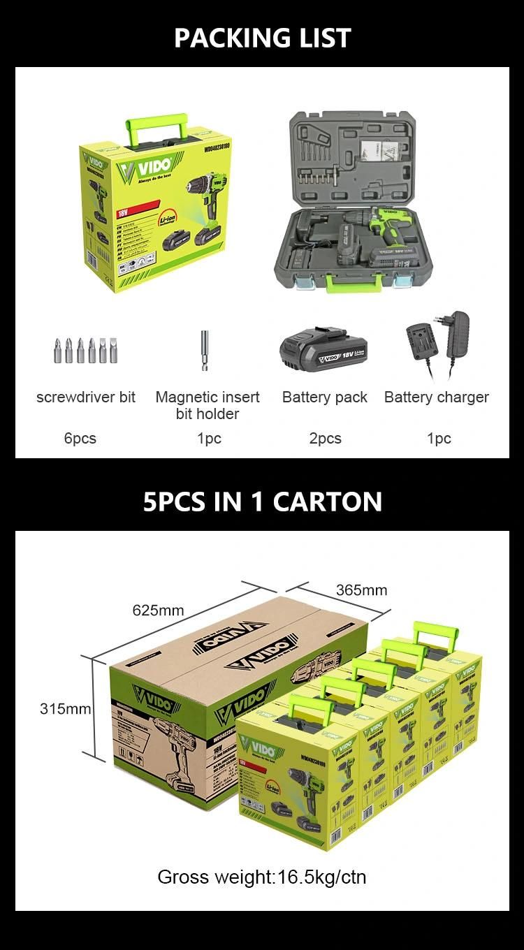 Vido Portable Industrial Rechargeable Lithium 18V Cordless Drill