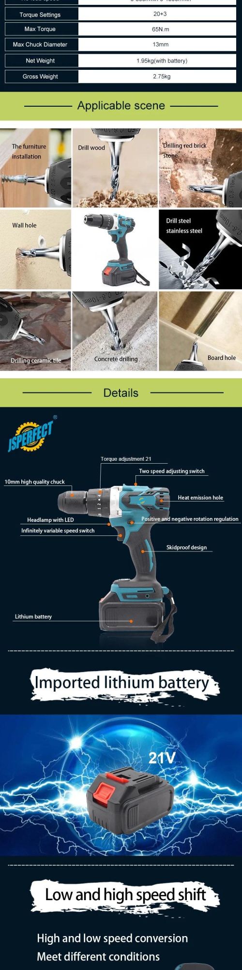 Jsperfect Rechargeable Lithium Battery Electric Cordless Impact Drill with Hammer Function