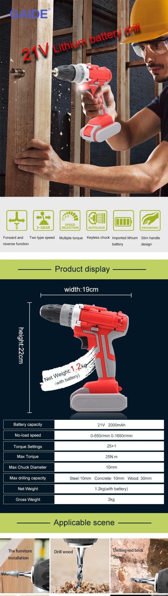 Factory Brushless 21V Power Cordless Drill with Two Batteries