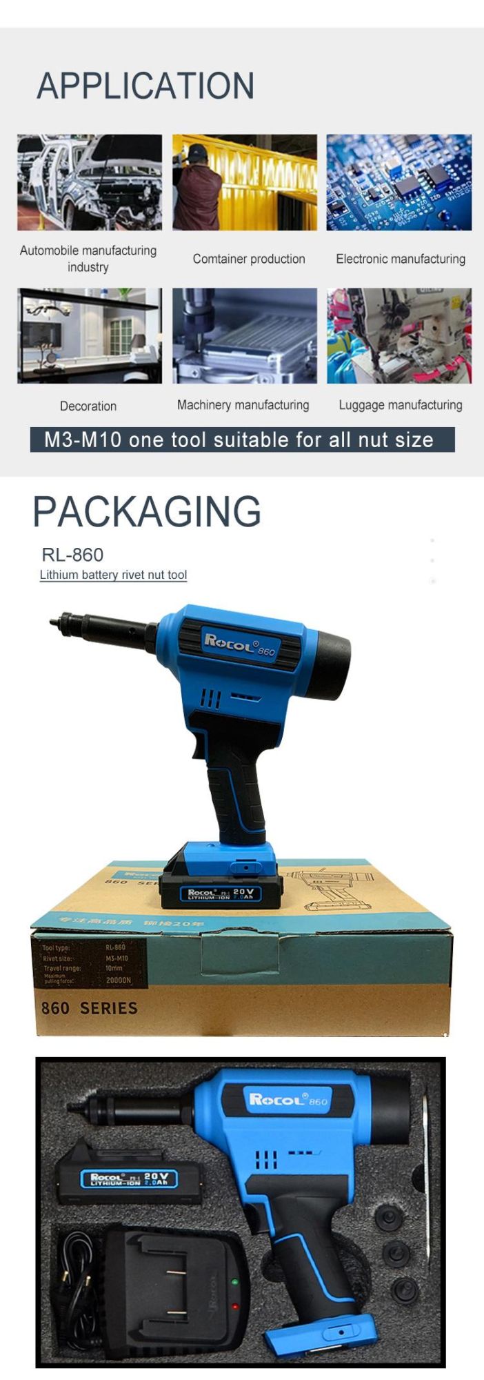 Rl-860 Factory Made Fastener Type M3-M10 Auto Mode Cordless Rivet Tool