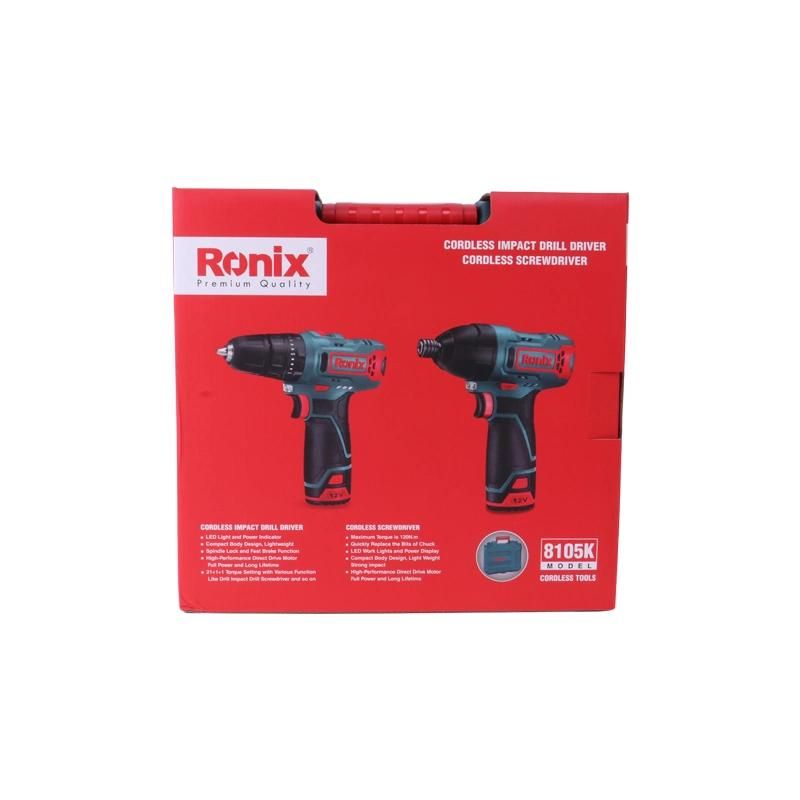 Ronix Model 8105K 12V 2A 2batteries High Quality Power Tools Electric Cordless Impact Driver Drill and Screwdriver Machine Set