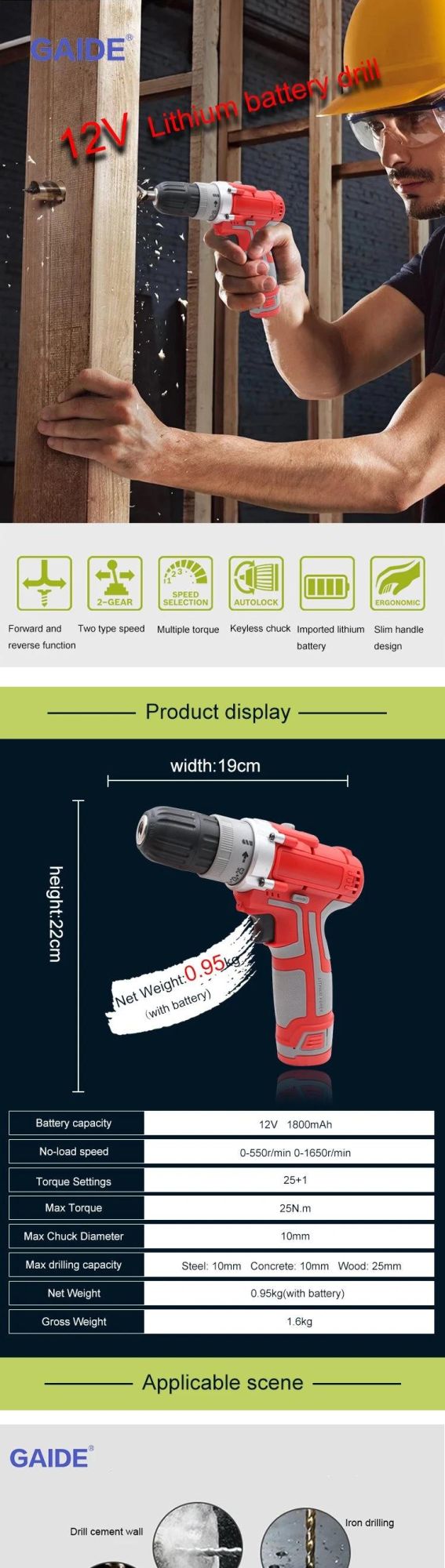 Cordless Drill 10mm 12V Screwdriver Mkt Design 3/8′′ Lithium Battery