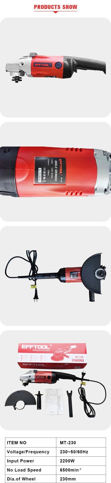 Efftool Powerful Hand Tool Big Power Electric Angle Grinder Mt-230 with High Quality