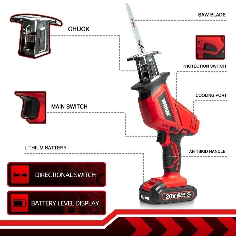 20V Wosai Battery Powered Multi Purpose Electric Reciprocating Saw Sabre Saw