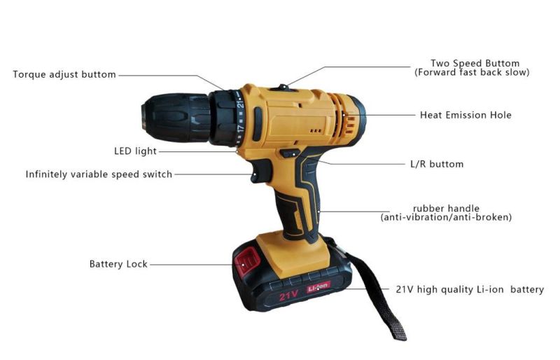 12V 16.8V 21V Li-ion Cordless Drill with Two Battery