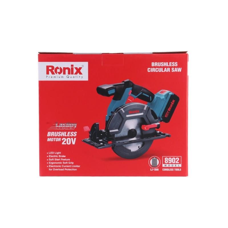 Ronix Hot Selling Model 8902 20V 165mm Lithium Cordless Brushless Electric Handheld Circular Saw for Wood Metal Cutting