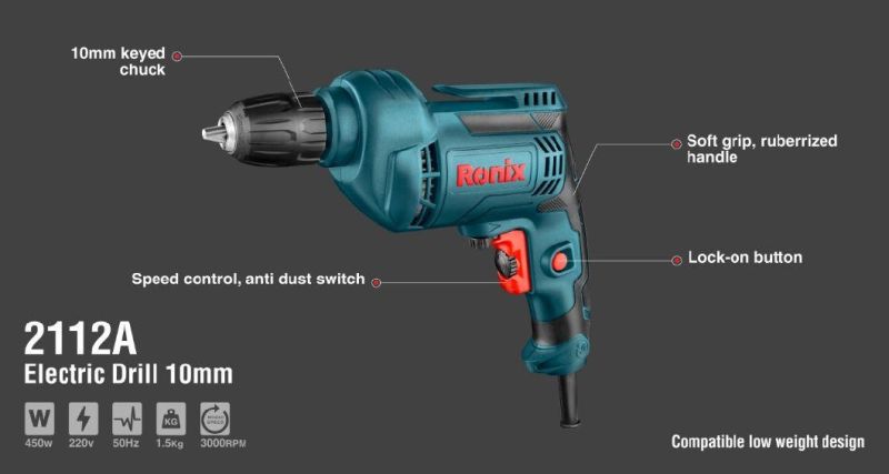 Ronix Model 2112A 10mm 450W Corded Power Tools Electric Impact Driver Drill Machine with Keyless
