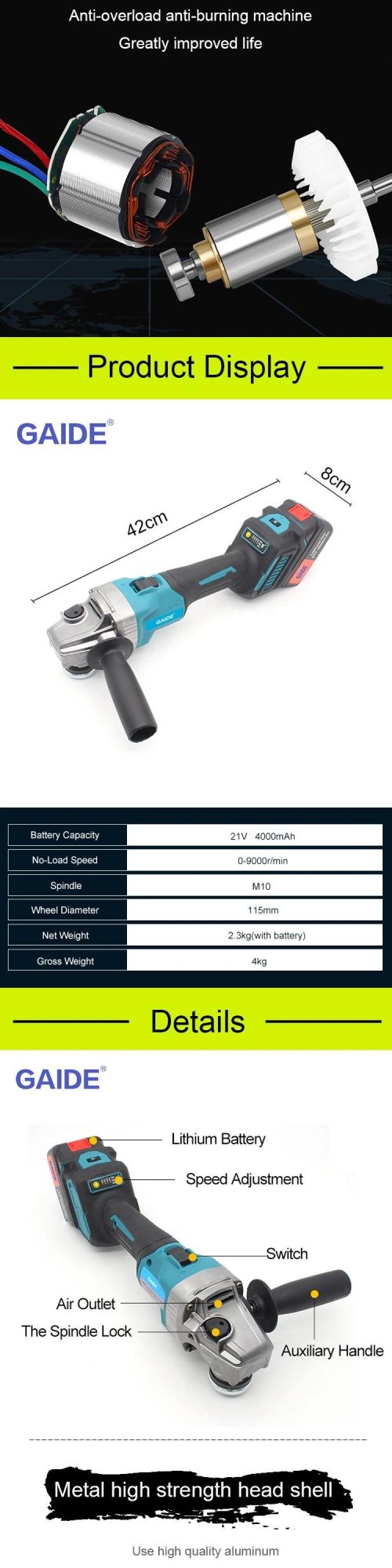 Brushless Cordless Angle Grinder 98vf 12000mAh