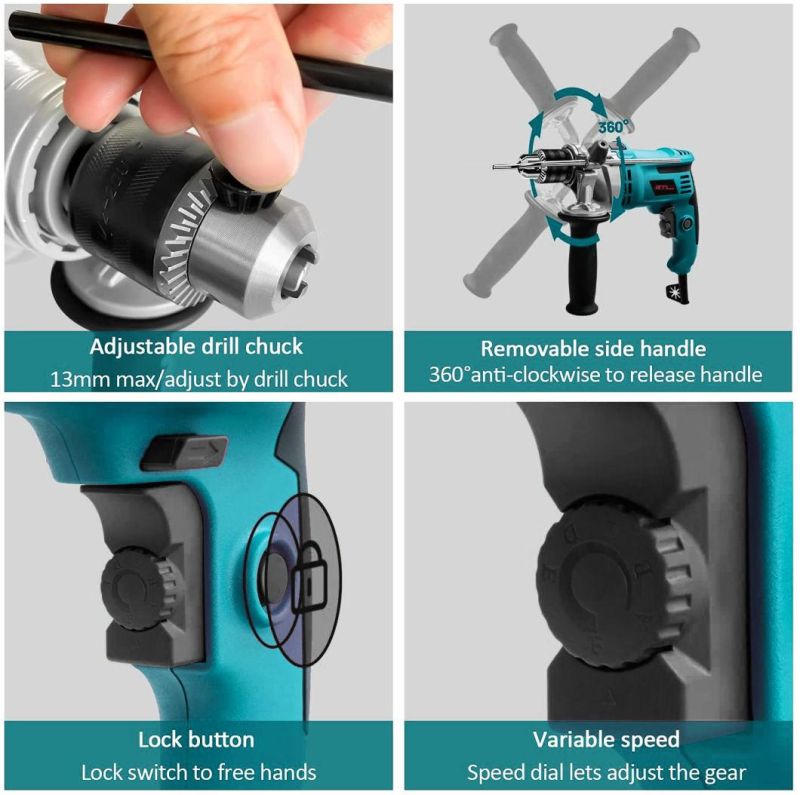 Electric Drill 900W Variable Speed Corded Impact Drill with 360° Rotatable Handle