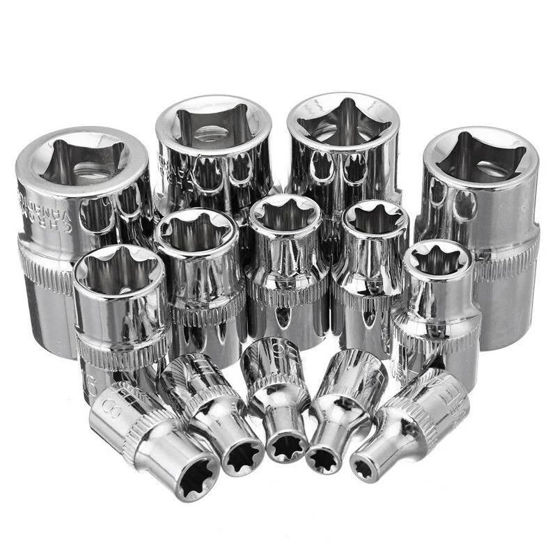 14PCS 1/4′′ 3/8′′ 1/2′′ Driver E Torx Star Bit Chrome Socket Kit Tool Set + Box