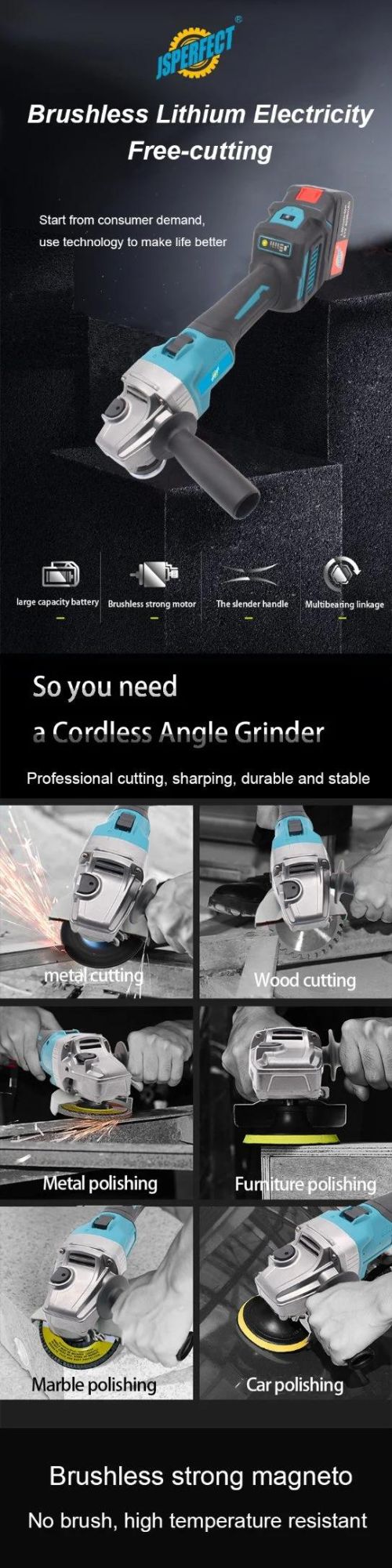 Jsperfect Mini Brushless Angle Grinder Cordless Polishing