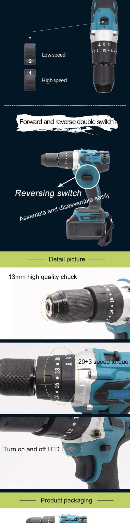 Gaide OEM Factory Price Switch Impact Drilling Machine Heavy Duty Cordless Drill