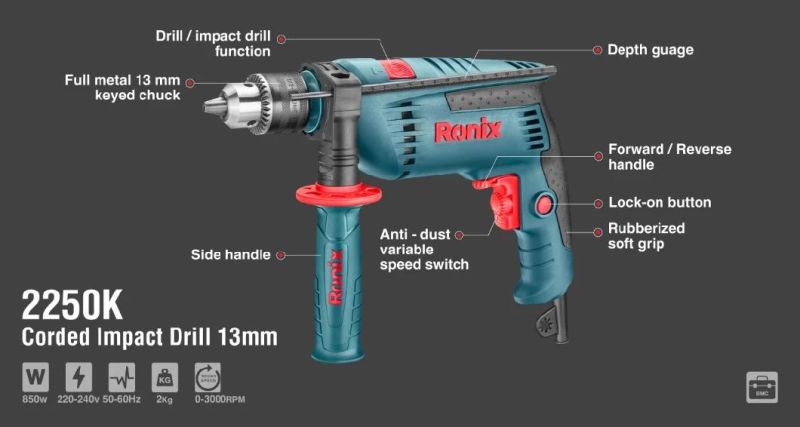 Ronix Model 2250K in Stock 13mm Chuck 850W Power Tools Steel Corded Electric Electric Impact Hand Drill Kit Machine