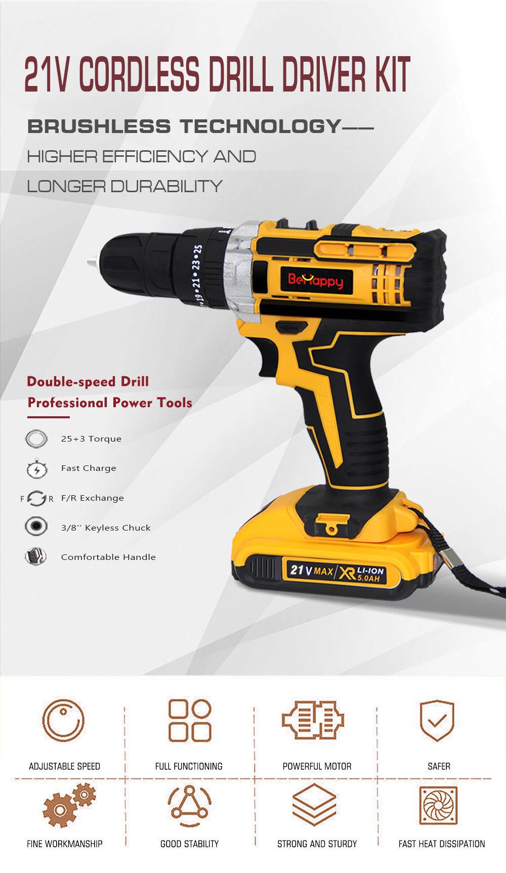 Behappy 21V Yellow Power Tool Cordless Hand Drill for Drilling Metal and Wood