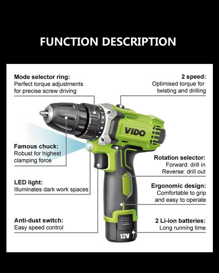 Hot Sale New Vido Power Tools Lithium Cordless Drill Wd040210120