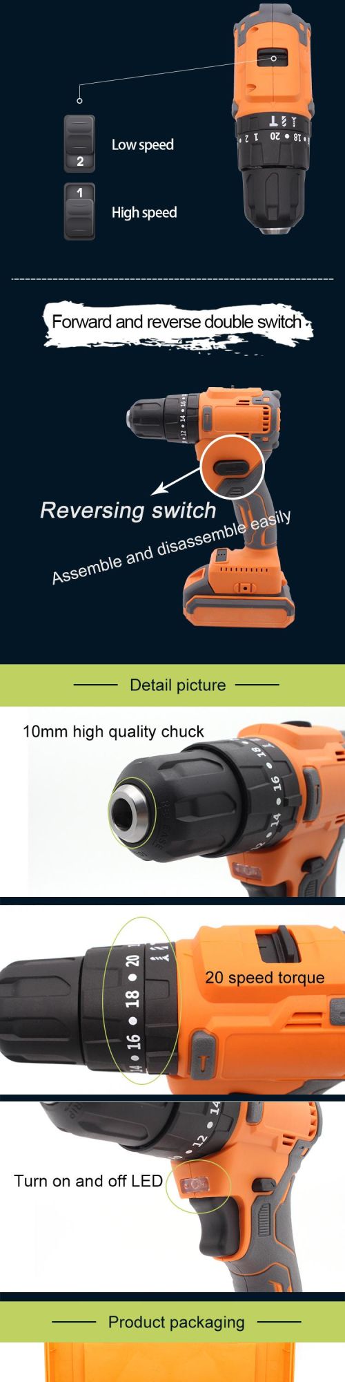 Jsperfect 21V Portable Electric Brushless Recharchable Cordless Drill