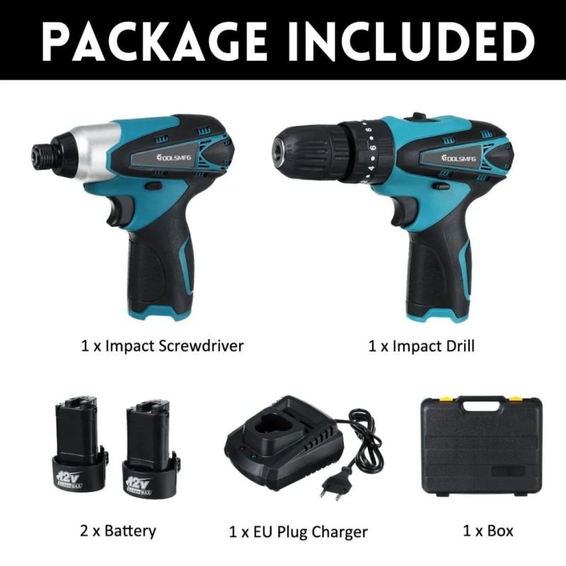 Toolsmfg 12V Cordless Three-Function Impact Drill Impact Screwdriver Driver Set