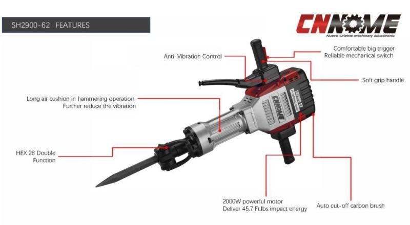 Industrial Level Heavy Duty 1600W 29kg Hex28mm Demolition Hammer Power Tools