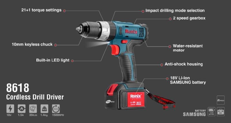 Ronix 18V Model 8618 Hot Selling Power Craft Cordless Impact Driver Drill